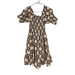 Mille Dress Black Multicolor Floral Smocked Puff Sleeve Fit & Flare Mini Size S